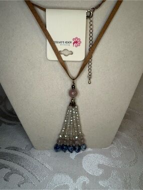 New And Lovely Tan Necklace with White and Blue Beaded Tassel